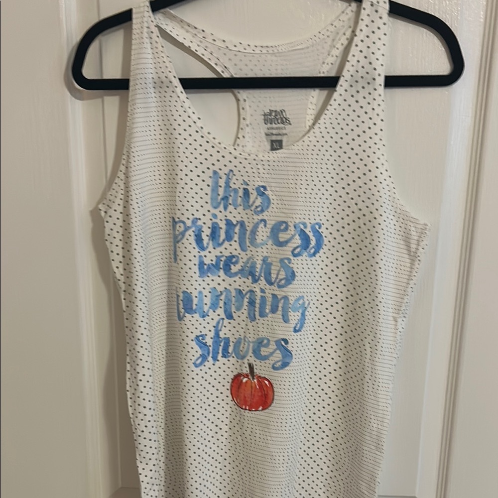 White Tank Top with Blue Text and Orange Detail